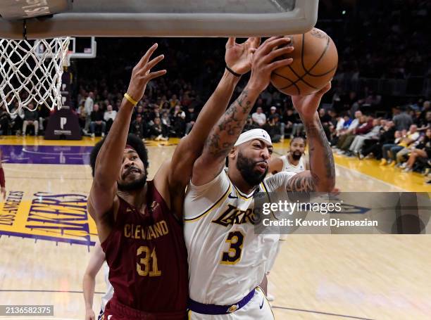 Anthony Davis of the Los Angeles Lakers pulls a rebound away from Jarrett Allen of the Cleveland Cavaliers during the second half at Crypto.com Arena...