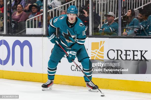 Klim Kostin of the San Jose Sharks with the puck during the second period against the St. Louis Blues at SAP Center on April 6, 2024 in San Jose,...