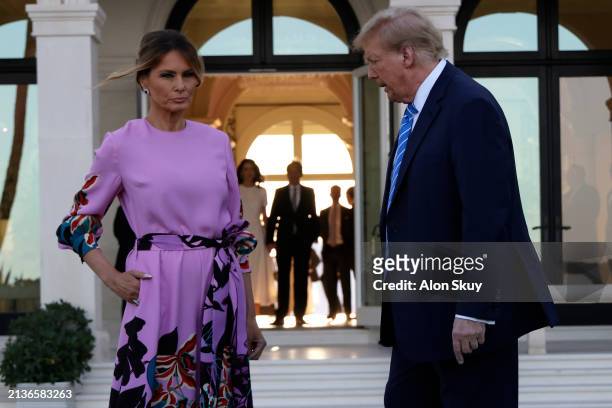 Republican presidential candidate, former US President Donald Trump and former first lady Melania Trump arrive at the home of billionaire investor...
