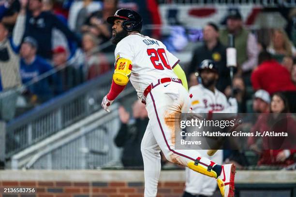 Marcell Ozuna of the Atlanta Braves hits a home run in the fifth inning against the Arizona Diamondbacks at Truist Park on April 6, 2024 in Atlanta,...