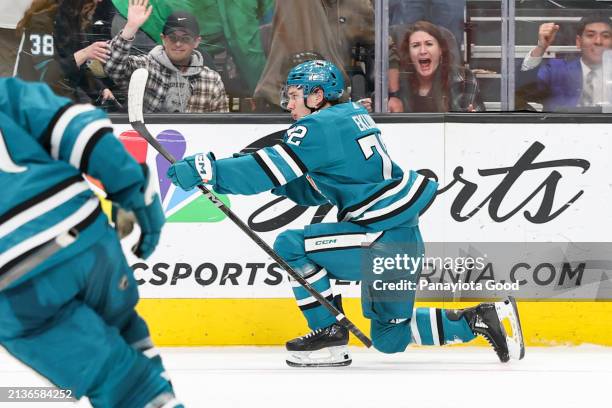 William Eklund of the San Jose Sharks scores a hat trick in overtime against the St. Louis Blues at SAP Center on April 6, 2024 in San Jose,...