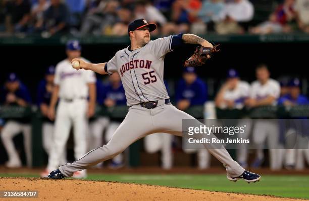 Ryan Pressly of the Houston Astros pitches against the Texas Rangers during the seventh inning at Globe Life Field on April 6, 2024 in Arlington,...
