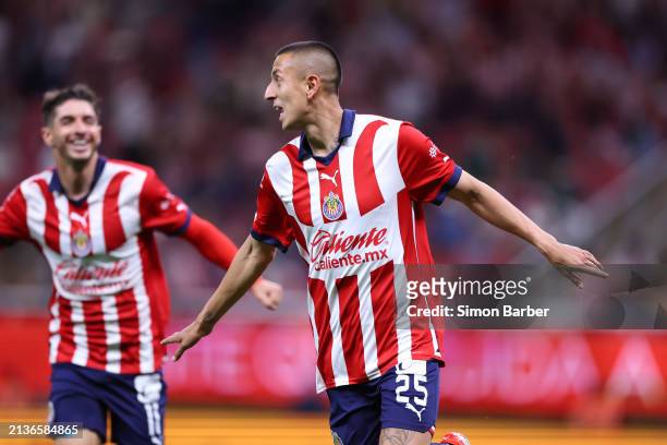 Roberto Alvarado of Chivas celebrates after scoring the team's third goal during the 14th round match between Chivas and Puebla as part of the Torneo...