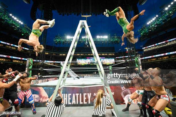 Tyler Bate and Pete Dunne In Action during the 6-Pack Ladder Match on Night One WrestleMania 40 at Lincoln Financial Field on April 6, 2024 in...