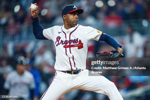 Raisel Iglesias of the Atlanta Braves pitches in the ninth inning against the Arizona Diamondbacks at Truist Park on April 6, 2024 in Atlanta,...