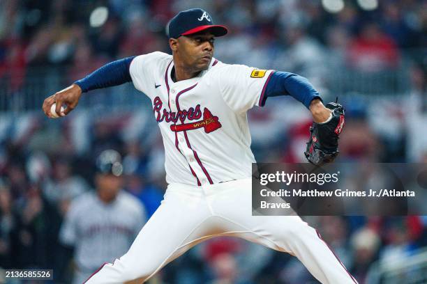Raisel Iglesias of the Atlanta Braves pitches in the ninth inning against the Arizona Diamondbacks at Truist Park on April 6, 2024 in Atlanta,...