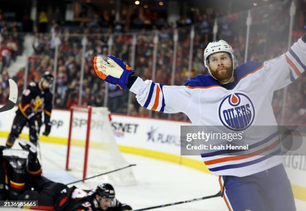 Connor Brown of the Edmonton Oilers celebrates his goal on Jacob Markstrom of the Calgary Flames during the second period at the Scotiabank...