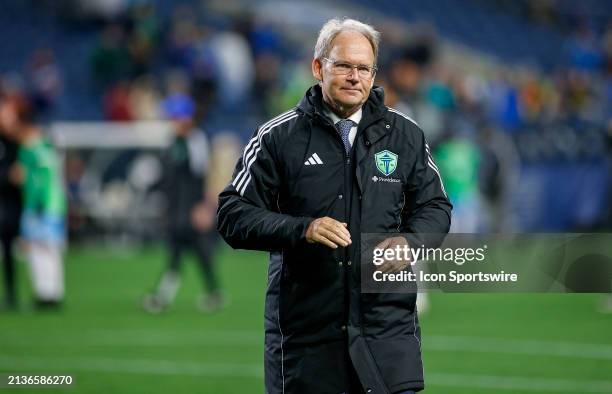 Seattle Sounders coach Brian Schmetzer walks off the pitch after a MLS matchup between CF Montréal and the Seattle Sounders on April 6, 2024 at Lumen...