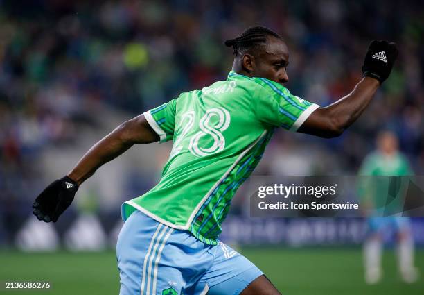 Seattle Sounders defender Yeimar Gómez runs down the pitch during a MLS matchup between CF Montréal and the Seattle Sounders on April 6, 2024 at...