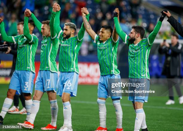 The Seattle Sounders express their gratitude to fans after a MLS matchup between CF Montréal and the Seattle Sounders on April 6, 2024 at Lumen Field...