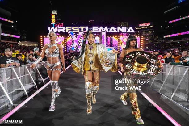 Jade Cargill, Bianca Belair, and Naomi enter the ring during Night One of WrestleMania 40 at Lincoln Financial Field on April 6, 2024 in...