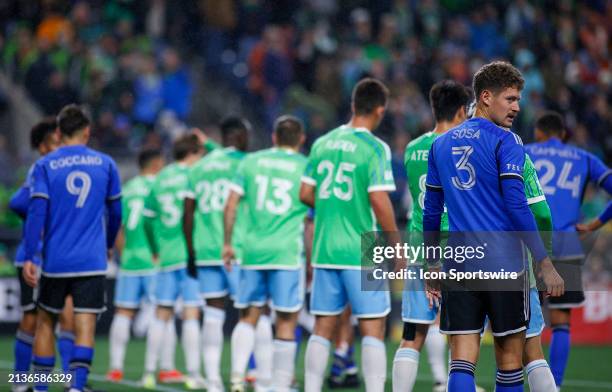 Montréal defender Joaquín Sosa looks back as both teams prepare for a penalty kick during a MLS matchup between CF Montréal and the Seattle Sounders...