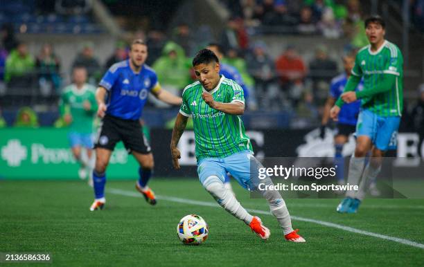 Seattle Sounders forward Raúl Ruidíaz with the ball during a MLS matchup between CF Montréal and the Seattle Sounders on April 6, 2024 at Lumen Field...