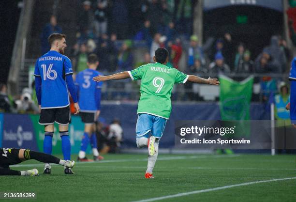 Seattle Sounders forward Raúl Ruidíaz celebrates after the Seattle Sounders score during a MLS matchup between CF Montréal and the Seattle Sounders...