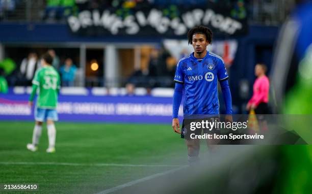 Montréal midfielder Nathan-Dylan Saliba walks down the side of the pitch after receiving his second yellow card of the game during a MLS matchup...