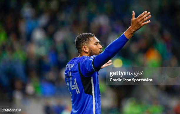 Montréal defender George Campbell reacts after a call during a MLS matchup between CF Montréal and the Seattle Sounders on April 6, 2024 at Lumen...