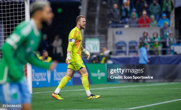 Seattle Sounders goalkeeper Stefan Frei walks out of the net during a MLS matchup between CF Montréal and the Seattle Sounders on April 6, 2024 at...