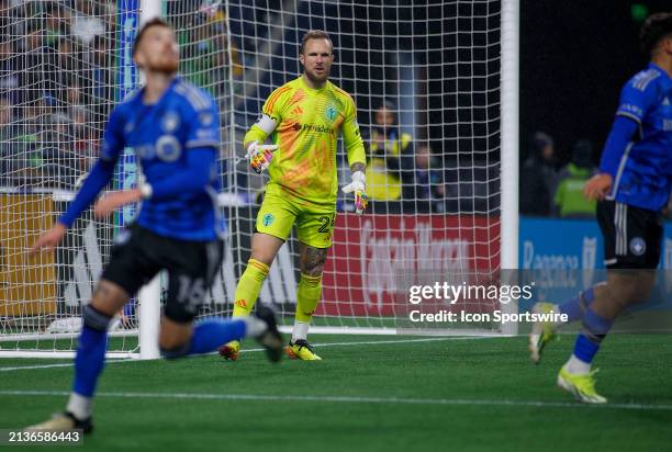 Seattle Sounders goalkeeper Stefan Frei watches as CF Montréal looks to score during a MLS matchup between CF Montréal and the Seattle Sounders on...