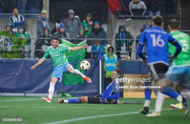 Seattle Sounders midfielder Alex Roldan passes the ball during a MLS matchup between CF Montréal and the Seattle Sounders on April 6, 2024 at Lumen...
