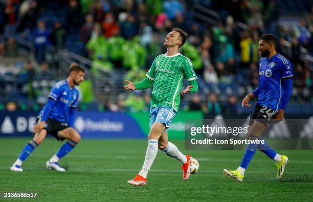 Seattle Sounders forward Danny Musovski reacts after missing a pass during a MLS matchup between CF Montréal and the Seattle Sounders on April 6,...