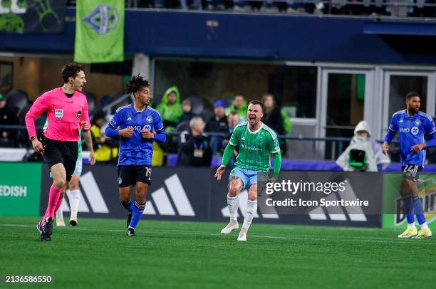 Seattle Sounders midfielder Albert Rusnák yells at a ref during a MLS matchup between CF Montréal and the Seattle Sounders on April 6, 2024 at Lumen...