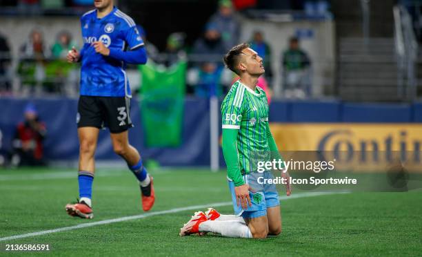 Seattle Sounders forward Danny Musovski reacts after missing a shot on goal during a MLS matchup between CF Montréal and the Seattle Sounders on...