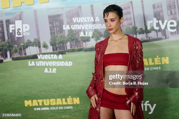 María Pedraza attends to the premiere of "Matusalén" at Capitol Cinema on April 03, 2024 in Madrid, Spain.