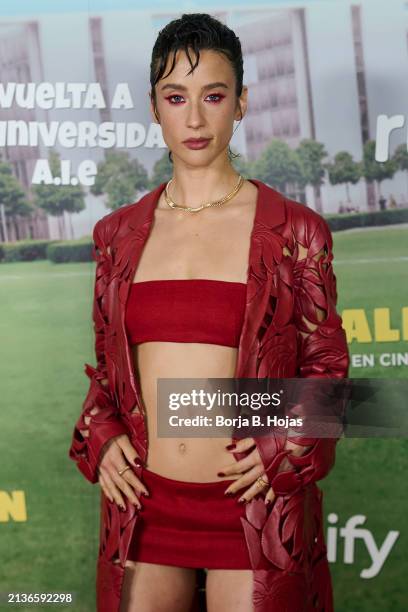 María Pedraza attends to the premiere of "Matusalén" at Capitol Cinema on April 03, 2024 in Madrid, Spain.