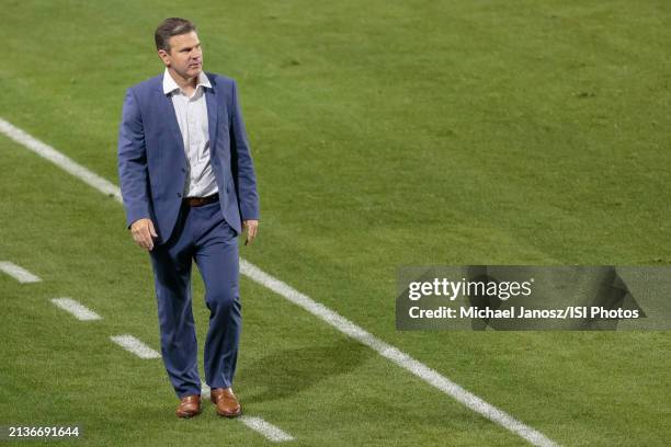 Head coach Greg Vanney of LA Galaxy watches his squad late in the match during an MLS regular season match between St. Louis City SC and Los Angeles...