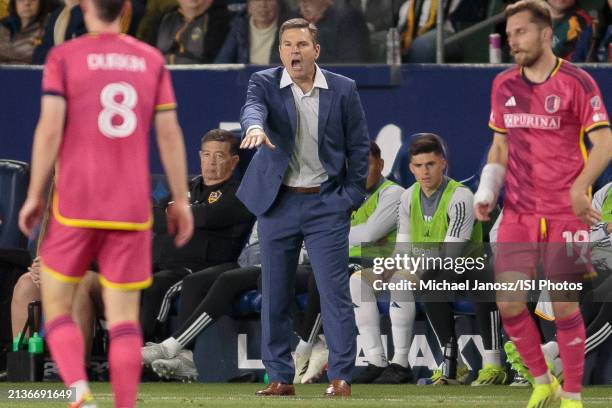 Head coach Greg Vanney of LA Galaxy yells directions to his players during an MLS regular season match between St. Louis City SC and Los Angeles...