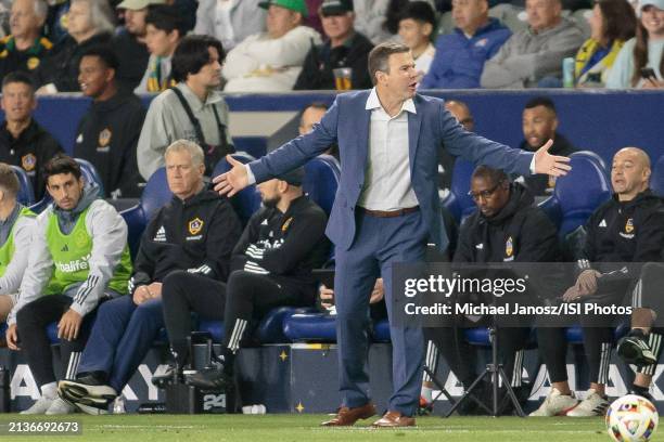 Head coach Greg Vanney of LA Galaxy gives directions to his group during an MLS regular season match between St. Louis City SC and Los Angeles Galaxy...