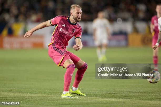 Joao Klauss of St. Louis City SC crosses a ball during an MLS regular season match between St. Louis City SC and Los Angeles Galaxy at Dignity Health...