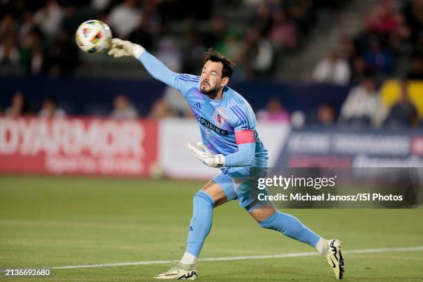 Roman Burki GK of St. Louis City SC passes the ball during an MLS regular season match between St. Louis City SC and Los Angeles Galaxy at Dignity...