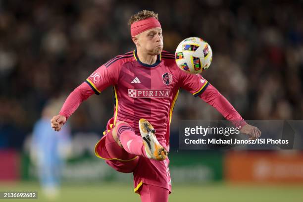 Tomas Totland of St. Louis City SC controls a ball during an MLS regular season match between St. Louis City SC and Los Angeles Galaxy at Dignity...
