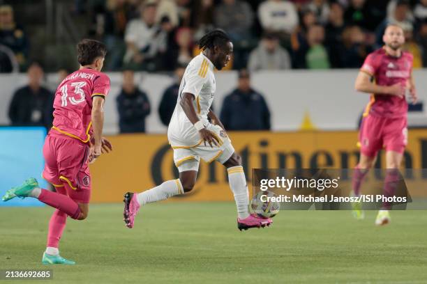 Joseph Paintsil of the LA Galaxy moves with the ball during an MLS regular season match between St. Louis City SC and Los Angeles Galaxy at Dignity...