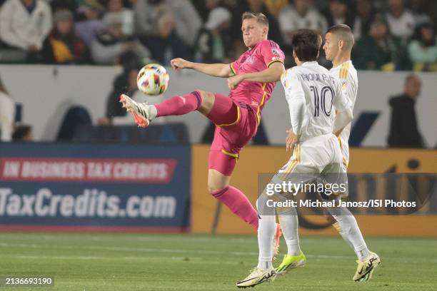 Joakim Nilsson of St. Louis City SC kicks the ball during an MLS regular season match between St. Louis City SC and Los Angeles Galaxy at Dignity...