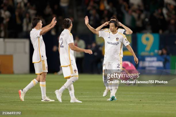 Miki Yamane of the LA Galaxy celebrates a goal during an MLS regular season match between St. Louis City SC and Los Angeles Galaxy at Dignity Health...