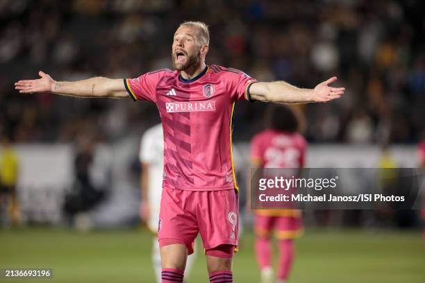 Joao Klauss of St. Louis City SC requests a call during an MLS regular season match between St. Louis City SC and Los Angeles Galaxy at Dignity...