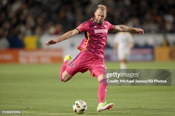 Joao Klauss of St. Louis City SC crosses a ball during an MLS regular season match between St. Louis City SC and Los Angeles Galaxy at Dignity Health...