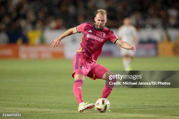 Joao Klauss of St. Louis City SC crosses a ball during an MLS regular season match between St. Louis City SC and Los Angeles Galaxy at Dignity Health...