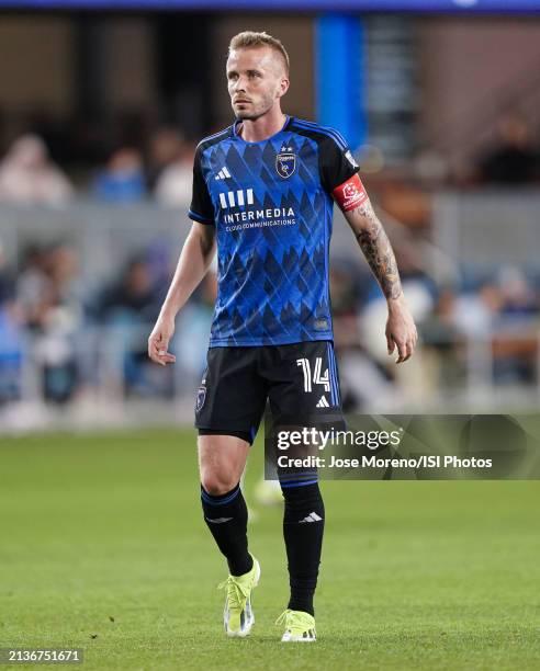 Jackson Yueill of San Jose Earthquakes looks on during a game between Seattle Sounders FC and San Jose Earthquakes at Paypal Park on March 23, 2024...