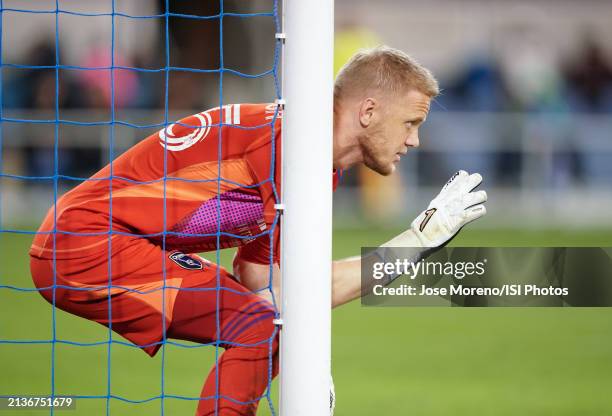 William Yarbrough of San Jose Earthquakes gets into position and prepares to defend a corner kick during a game between Seattle Sounders FC and San...