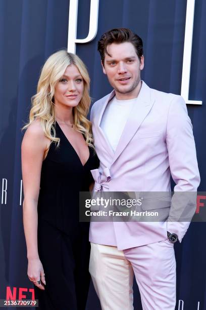 Katherine McNamara and Dominic Sherwood attend the Los Angeles Premiere Of Netflix's "Ripley" at The Egyptian Theatre Hollywood on April 03, 2024 in...