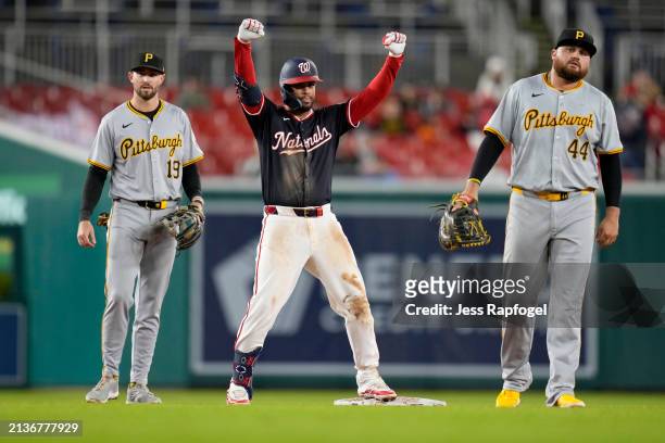 Luis Garcia Jr. #2 of the Washington Nationals celebrates after hitting a double against the Pittsburgh Pirates during the sixth inning at Nationals...