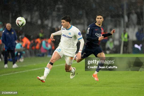 Leonardo Balerdi of Marseille, Achraf Hakimi of PSG during the Ligue 1 Uber Eats match between Olympique de Marseille and Paris Saint-Germain at...