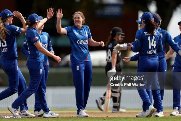 Nat Sciver-Brunt of England celebrates the wicket of Suzie Bates of New Zealand during game two of the One Day International series between New...