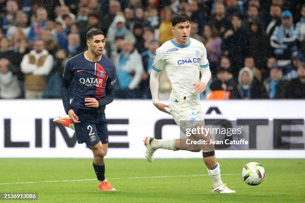 Leonardo Balerdi of Marseille, left Achraf Hakimi of PSG during the Ligue 1 Uber Eats match between Olympique de Marseille and Paris Saint-Germain at...