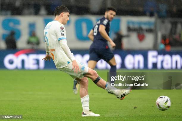 Leonardo Balerdi of Marseille during the Ligue 1 Uber Eats match between Olympique de Marseille and Paris Saint-Germain at Stade Velodrome on March...
