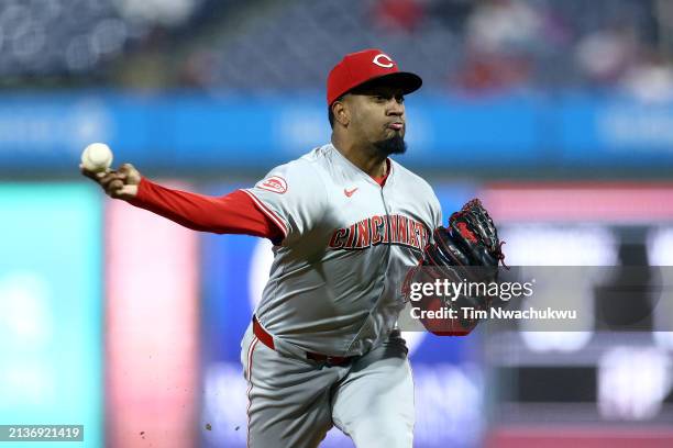 Alexis Diaz of the Cincinnati Reds pitches during the ninth inning against the Philadelphia Phillies at Citizens Bank Park on April 03, 2024 in...
