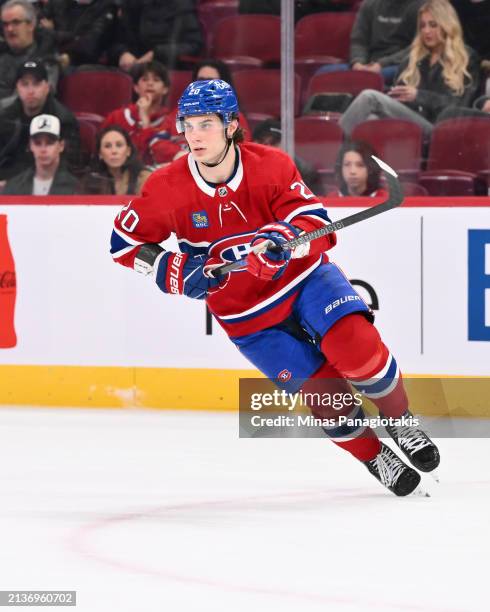 Juraj Slafkovsky of the Montreal Canadiens skates during the first period against the Florida Panthers at the Bell Centre on April 2, 2024 in...